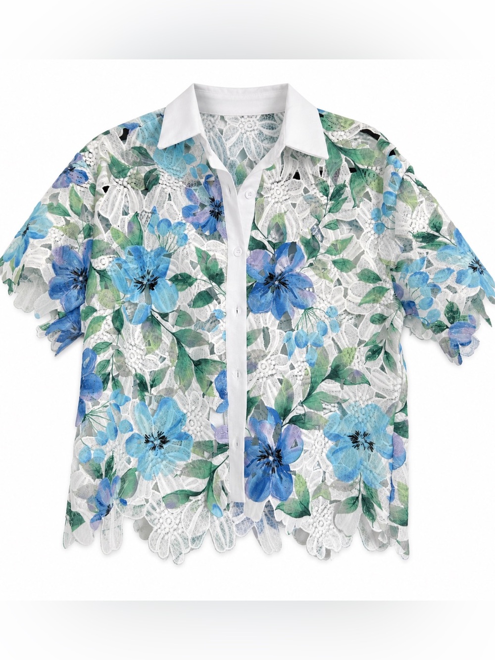 Casual Lace Floral Button-Down Shirt - Blue & Green